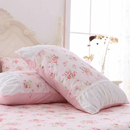 Romantic Roses Print Duvet Cover Set with Bed Skirt Pink Lace Ruffle Floral Shabby Chic Bedding Sets 4 Piece