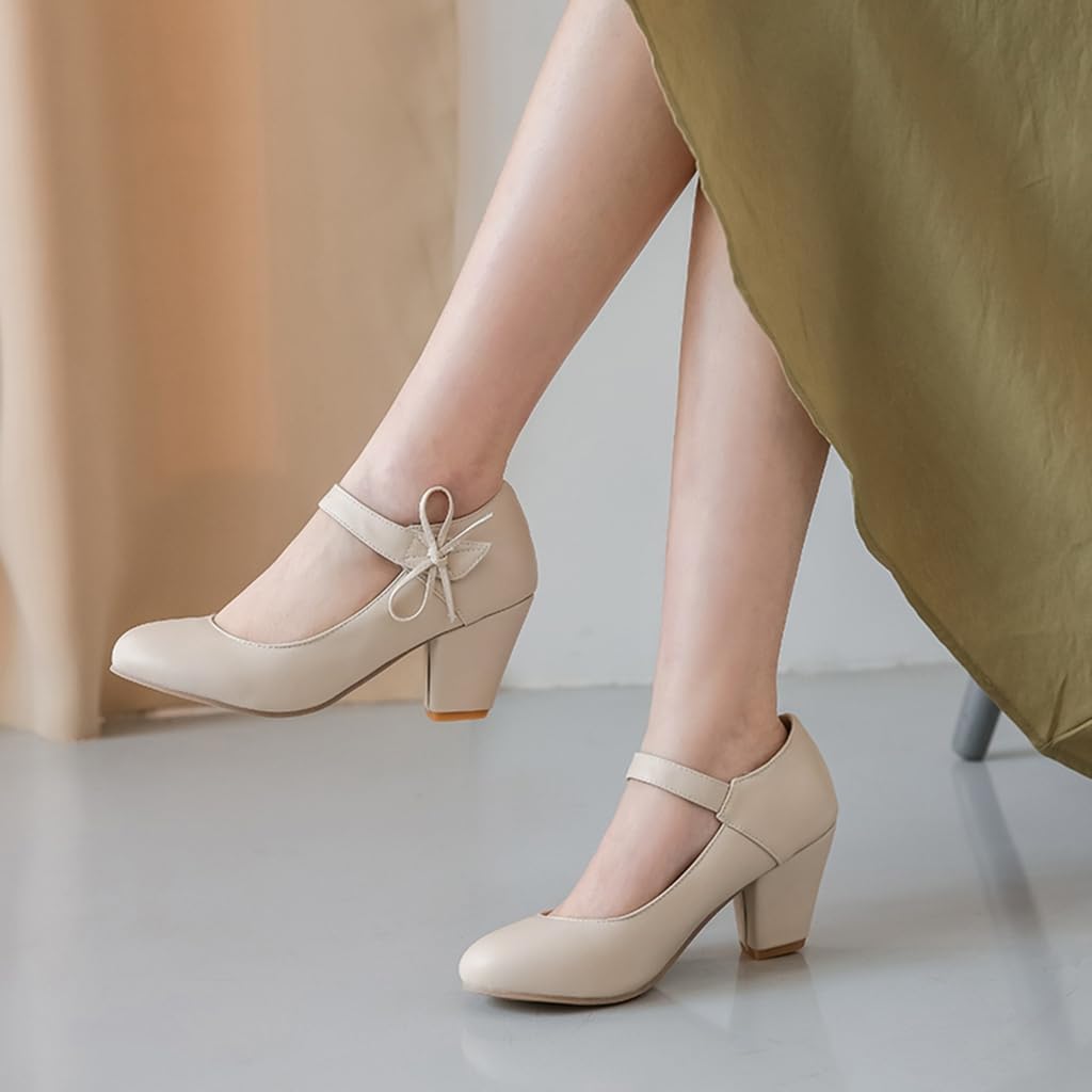 Women's Bow Mary Jane Dress Pumps Shoes Chunky Block High Heels Round Toe Shoes