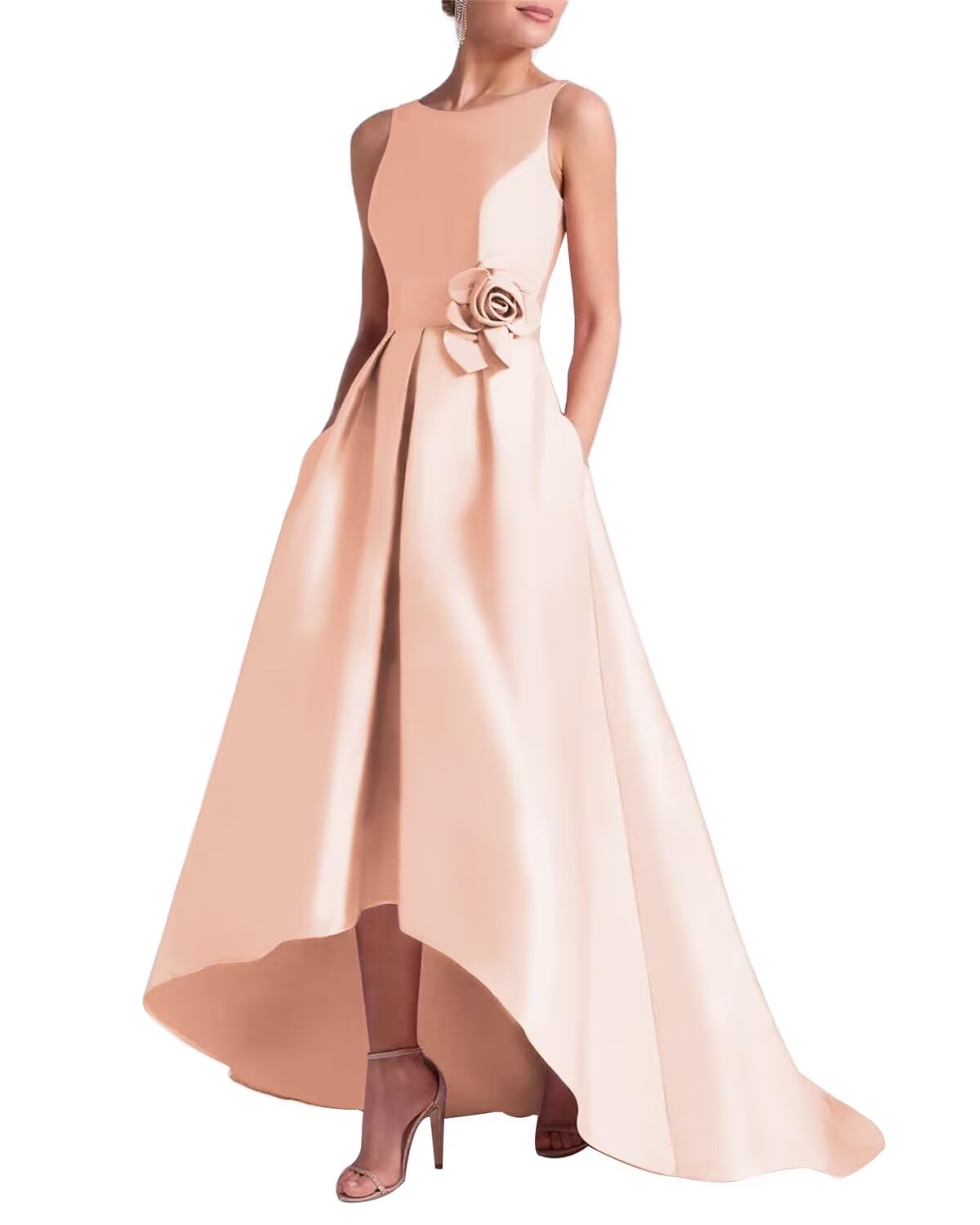 Women's 3D Flower Satin Mother of The Bride Dresses Hi-Low Formal Evening Party Gown