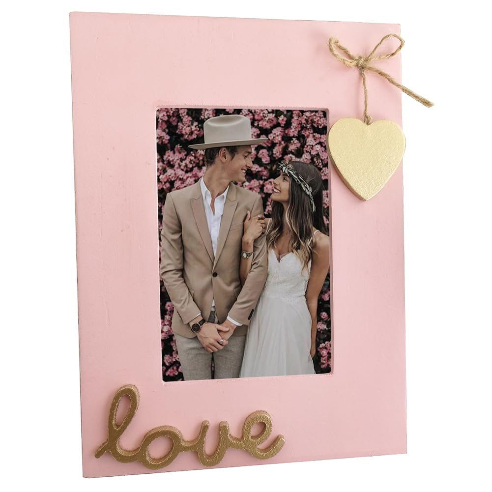 Love Picture Frame with Heart for Table Top and Wall Mounting-Distressed Wooden Photo Frame HD Glass Inside