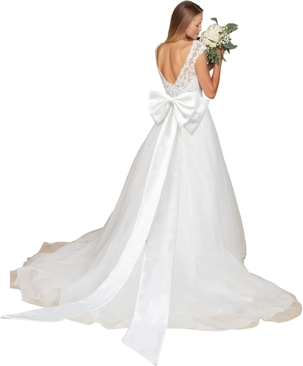 Detachable Big Bow Long Train Satin Bowknot Sweep Train Waist Sash Belt Bowknot for Wedding Formal Dress