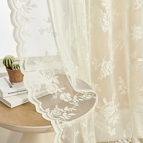 Lace Curtains 2 Panels Set Victorian Floral Sheer Curtains for Living Room Bedroom Girls Room Rod Pocket Light Filtering Romantic French Drapes Window Decor