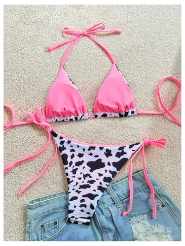 Women's 2 Piece Leopard Bikini Set Cheetah Thong Bikini Sexy String High Cut Bathing Suit Cheeky Triangle Swimsuit