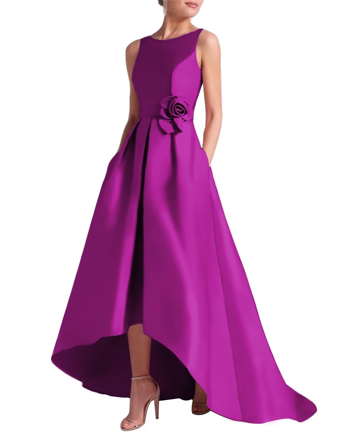 Women's 3D Flower Satin Mother of The Bride Dresses Hi-Low Formal Evening Party Gown