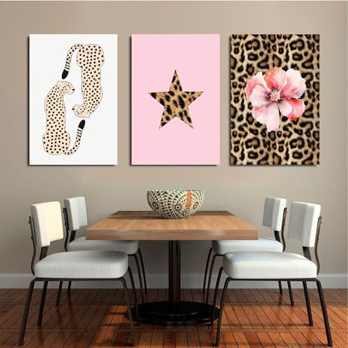 Pink Set of 3 Leopard Wall Art Prints Trendy Girly Cheetah Print Poster for Home Decor 16X24 in Unframed