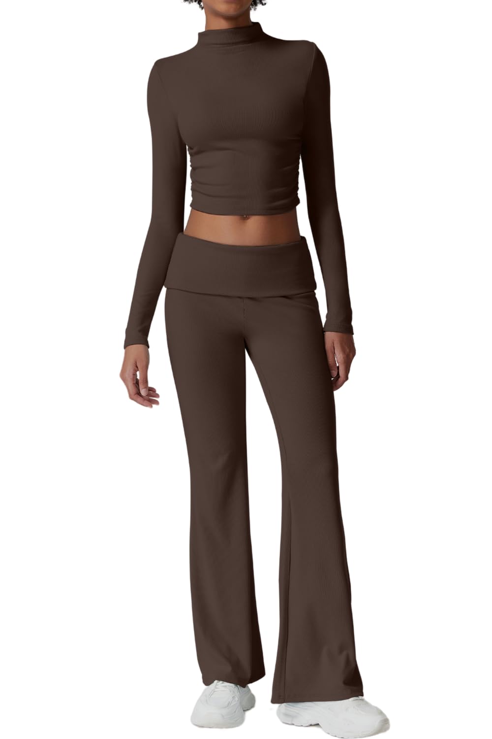 Womens 2 Piece Lounge Sets Mock Neck Long Sleeve Tops with Side Ruched Fold Over Flare Pants Comfy Tracksuits