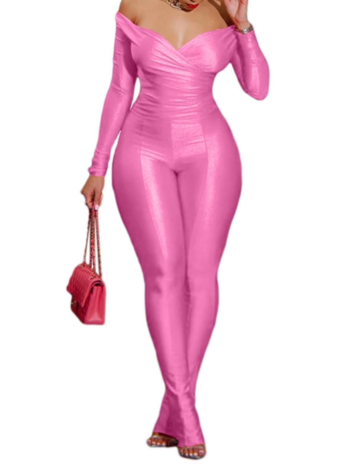 Women 2 Piece Outfits - Sexy Off Shoulder Tops Bodycon Flared Pant Sets