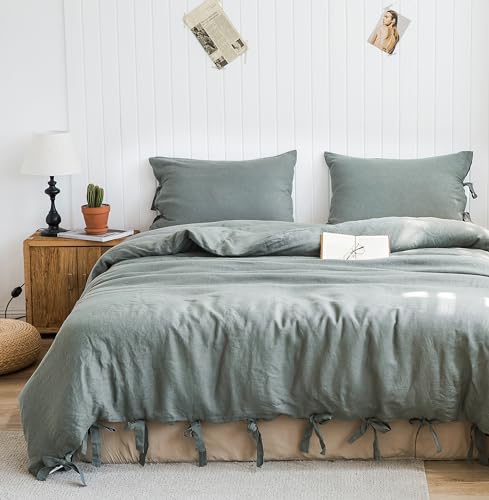 The 100% Linen Duvet Cover Set, 3 Pieces Belgian Flax Breathable Bedding,(1 Comforter Cover+2 Pillowshams) with Tie Closure Style