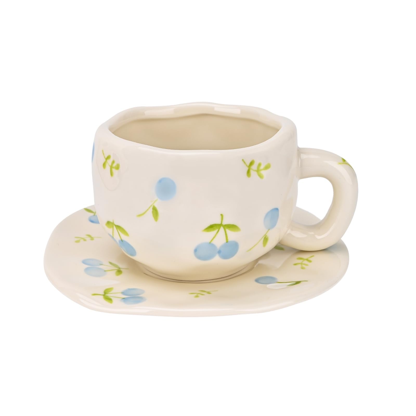 Ceramic Coffee Mug with Saucer Set, Cute Creative Cup Unique Irregular Design, 10 oz/300 ml