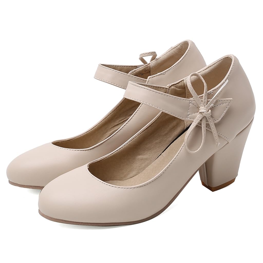 Women's Bow Mary Jane Dress Pumps Shoes Chunky Block High Heels Round Toe Shoes