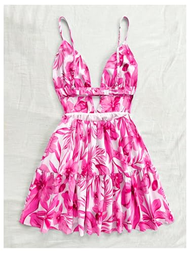 Women's Sleeveless Butterfly Print Cut Out V Neck Tiered Mini Cami Dresses