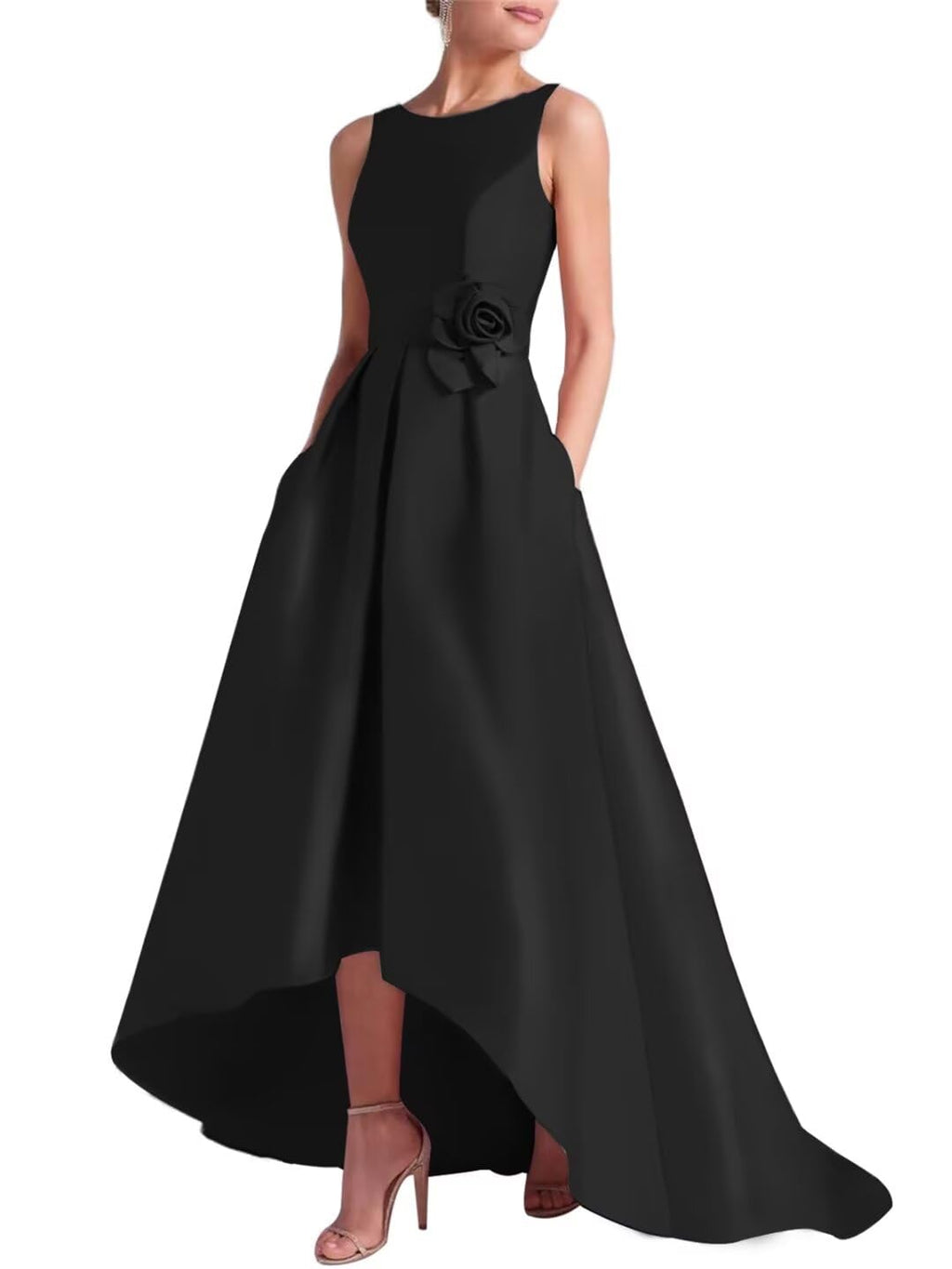 Women's 3D Flower Satin Mother of The Bride Dresses Hi-Low Formal Evening Party Gown