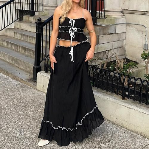 Women 2 Piece Outfits Y2k Sleeveless Lace Trim Cami Tops and Ruffle Ruched Maxi Skirt Matching Set