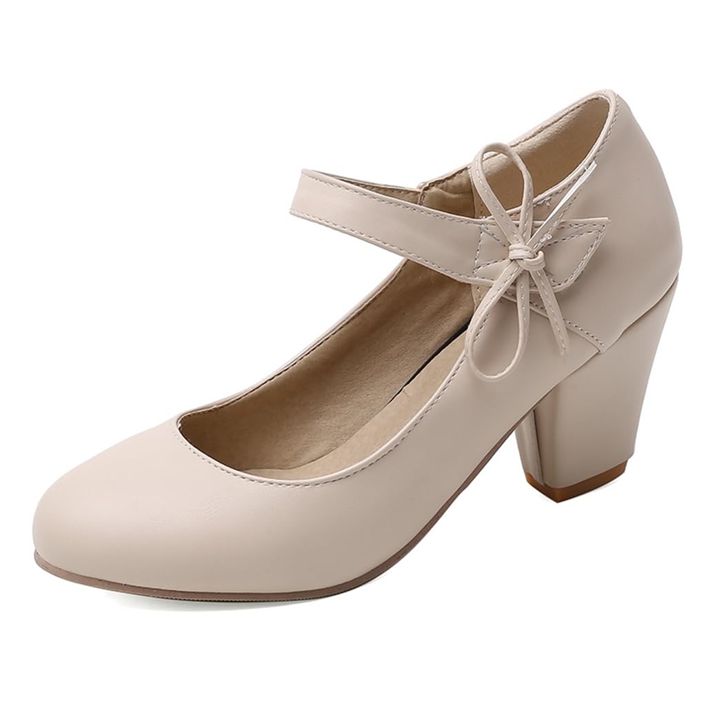 Women's Bow Mary Jane Dress Pumps Shoes Chunky Block High Heels Round Toe Shoes