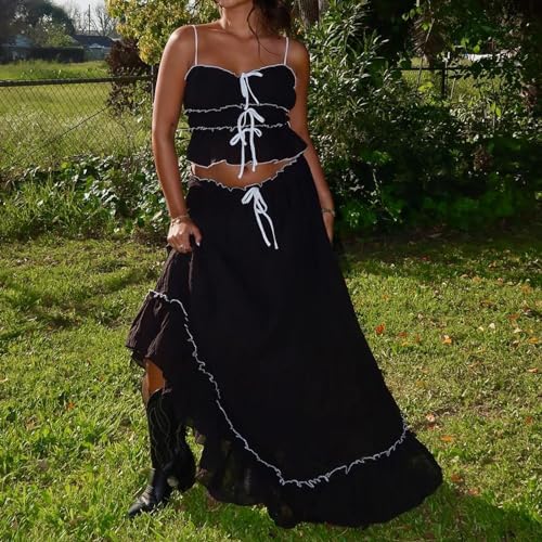 Women 2 Piece Outfits Y2k Sleeveless Lace Trim Cami Tops and Ruffle Ruched Maxi Skirt Matching Set