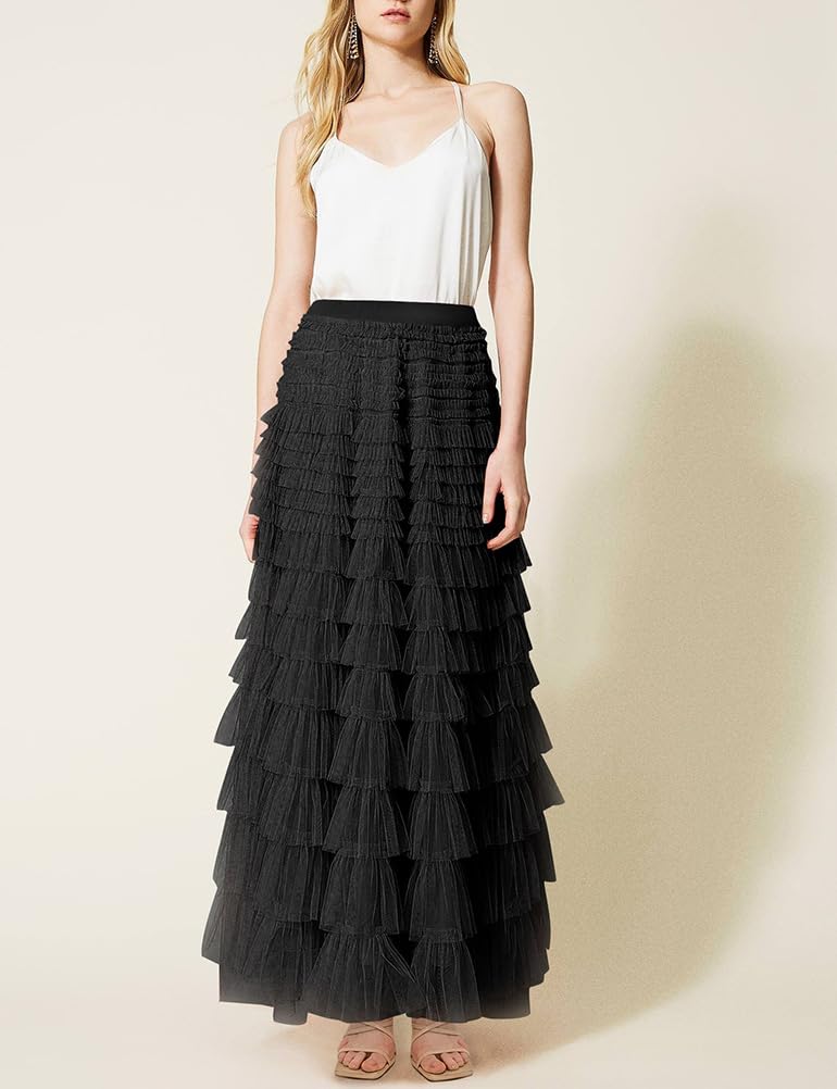 Long Tulle Skirt for Women Trendy High Waisted A Line Fluffy Fairy Mesh Layered Ruffle Skirt