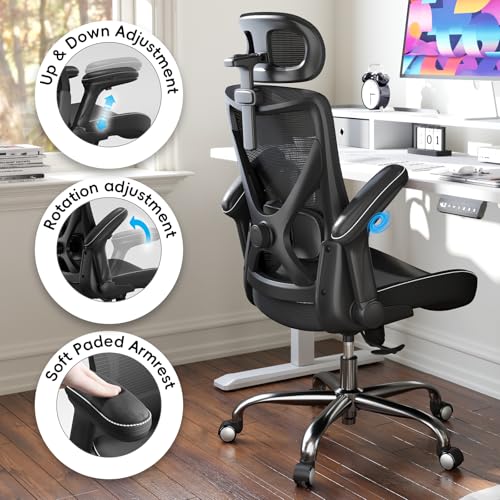 Ergonomic Desk Chair-Computer X-Shaped Chair Mesh PU Leather with Adjustable Lumbar Support-Executive Chair High Back with Headrest Flip-Up Arms for Long Hours