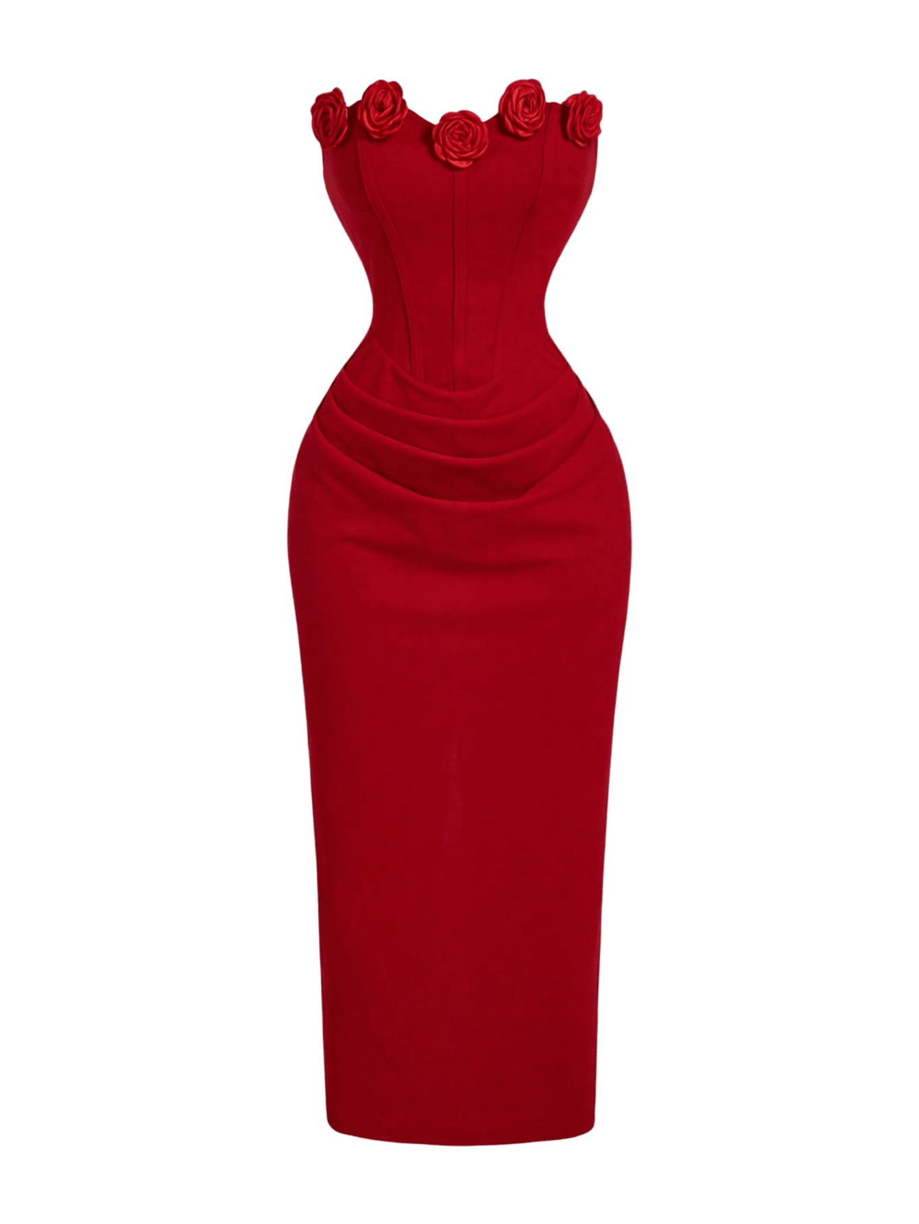 Women's 3D Flower Strapless Midi Dress Ruched Split Corset Bodycon Dresses