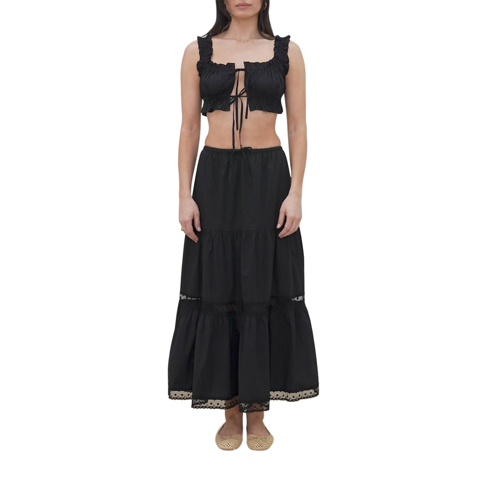 Women 2 Piece Outfits Y2k Sleeveless Lace Trim Cami Tops and Ruffle Ruched Maxi Skirt Matching Set