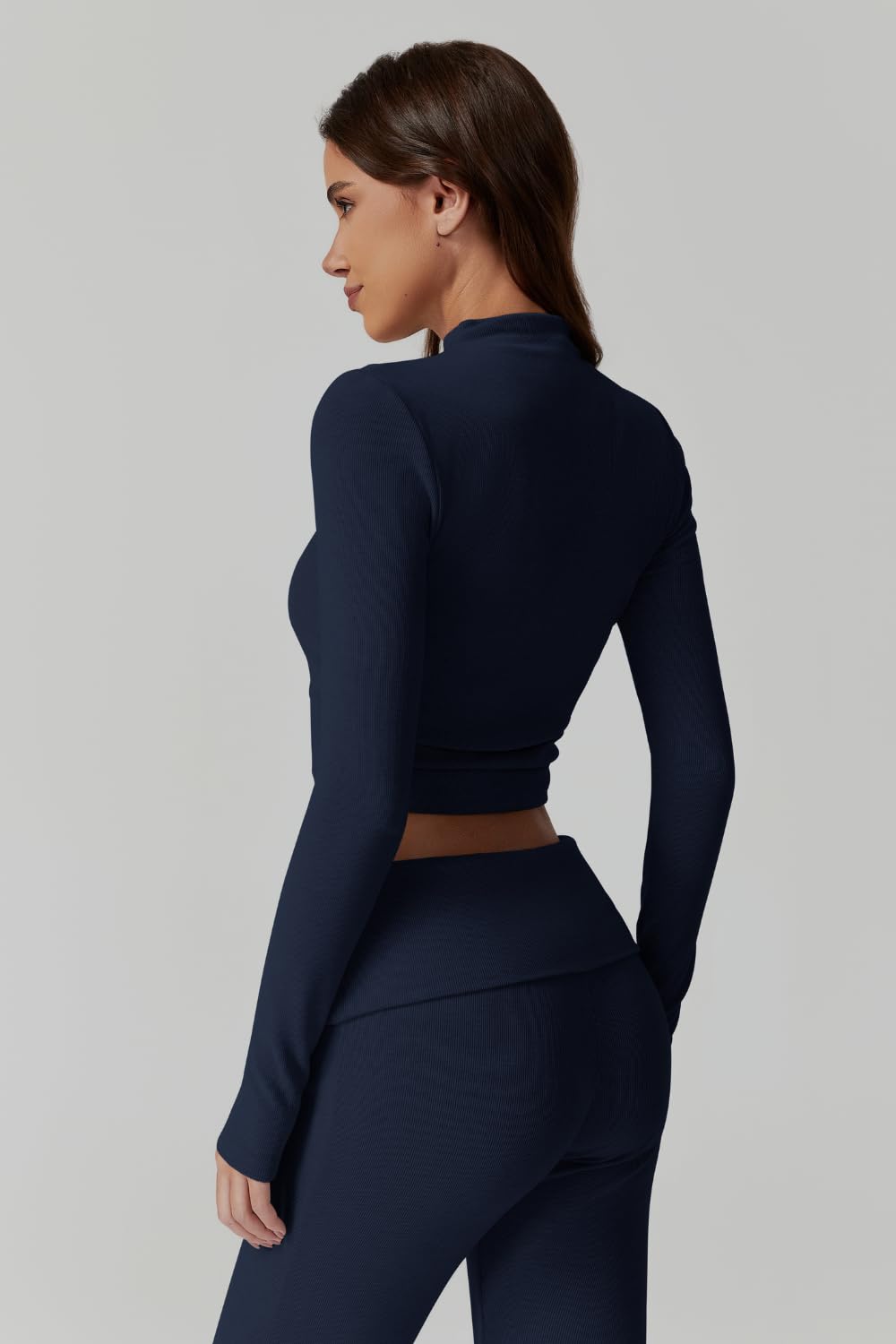 Womens 2 Piece Lounge Sets Mock Neck Long Sleeve Tops with Side Ruched Fold Over Flare Pants Comfy Tracksuits