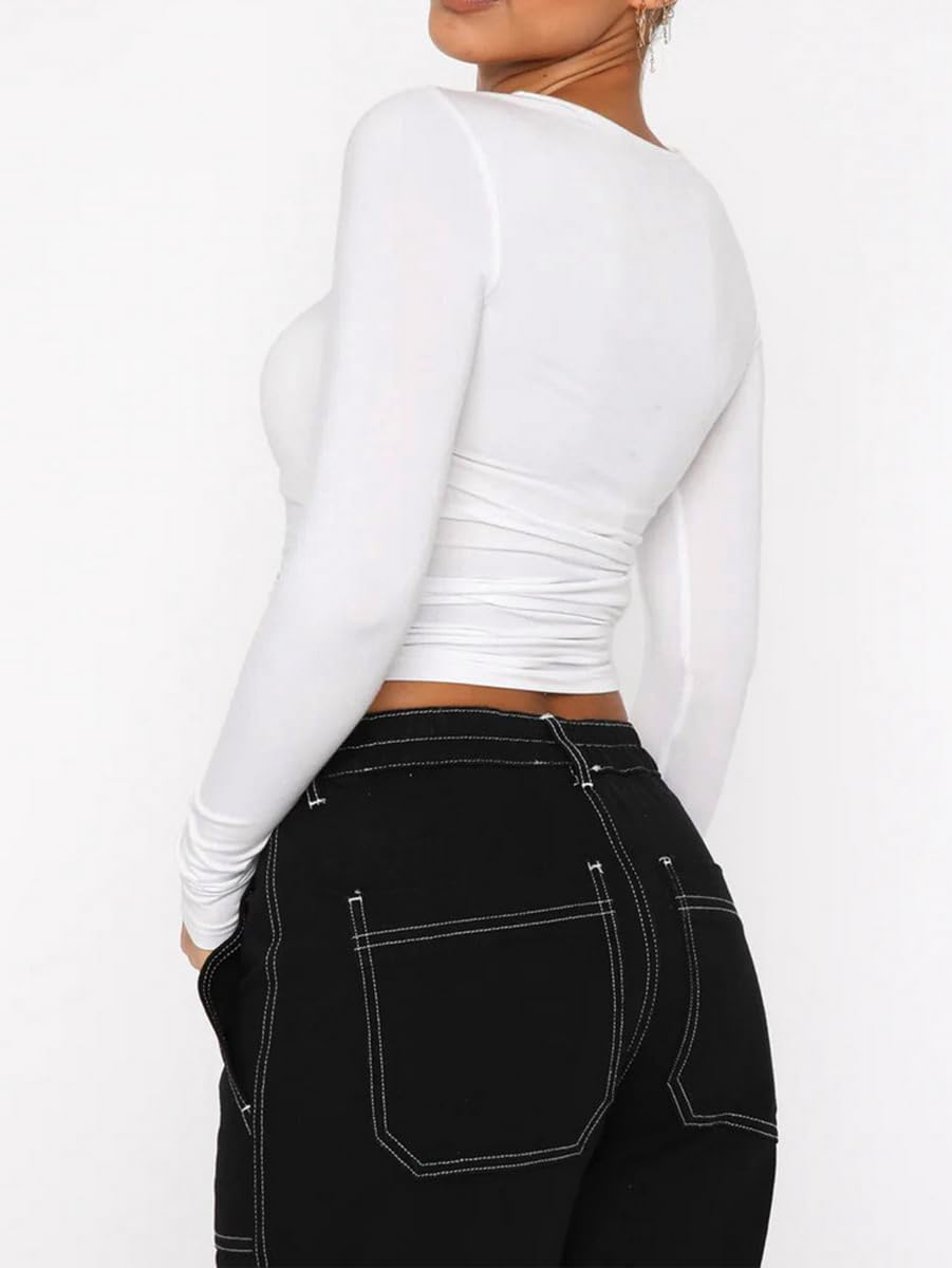 Women's Y2K Long Sleeve T Shirts Crewneck Star Pattern Crop Tops Slim Fit Tops