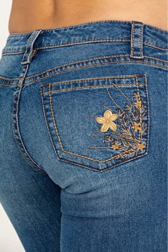 Women Bootcut Jeans, Stretchy Feather Flower Embroidery Mid Rise Slim Straight Leg Pants Jeans