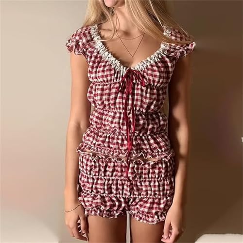 Women's Sexy Ruffle 2 Piece Sets Short Sleeve Bow Tie Front Crop Tops and Smocked Ruched Shorts Loungewear