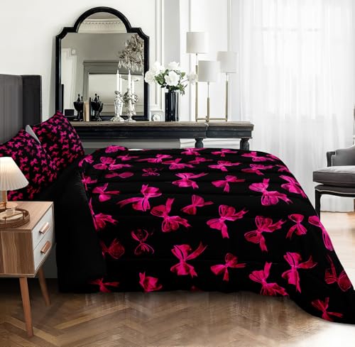 Pink Bowknot Comforter Set 4 Pcs Bow Tie Princess Bedding Blush Red Cherry Bed Quilt