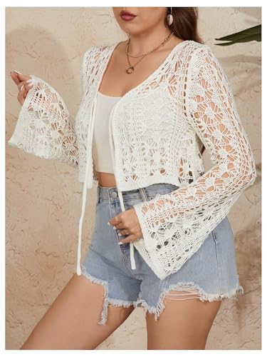 Women's Plus Size V Neck Long Flounce Sleeve Tie Front Knit Crop Cardigan