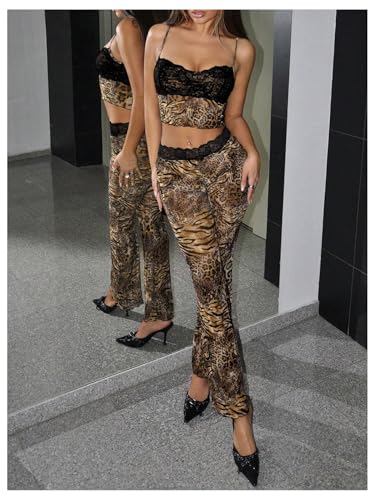 Women's 2 Piece Set Leopard Print Lace Cami Top Flare Pants Outfits