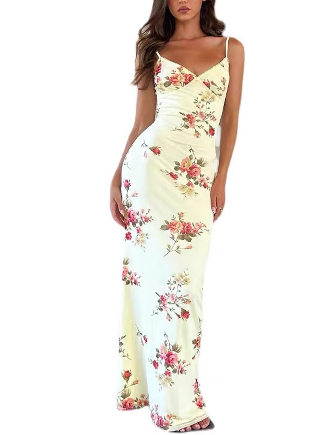 Women Vintage Spaghetti Strap Maxi Dress Sexy Low Cut Backless Floral Satin Slip Long Dress Y2k Cami Bodycon Dresses