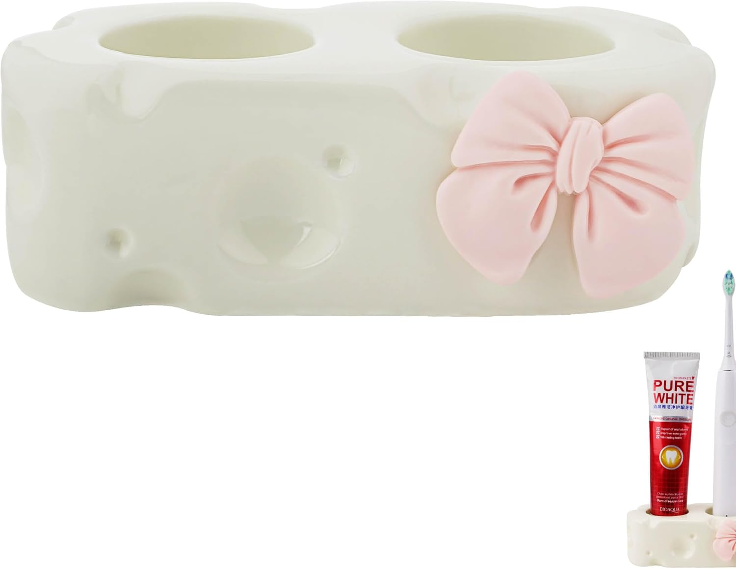 Cute Toothpaste Holder, Ceramic Bow Toothbrush Holder, Bathroom Countertop Accessories, for Bathroom Canister Storage Organization, Vanity Makeup Organizer