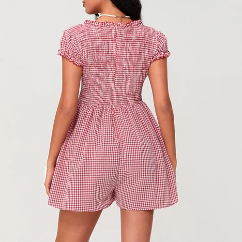 Women's Gingham Mini Dress Short Sleeve Bow Deep V Neck Smocked Waist Slim Fit Retro Plaid Dresses Y2k Sundress