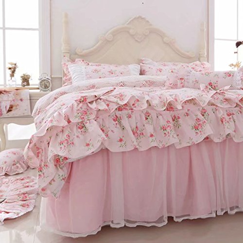 Romantic Roses Print Duvet Cover Set with Bed Skirt Pink Lace Ruffle Floral Shabby Chic Bedding Sets 4 Piece