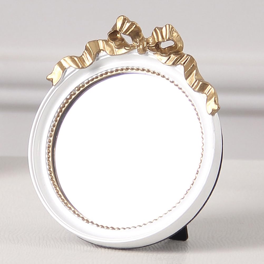 Round Portable Makeup Mirror with Bowknot Design Elegant Resin Small Mirror