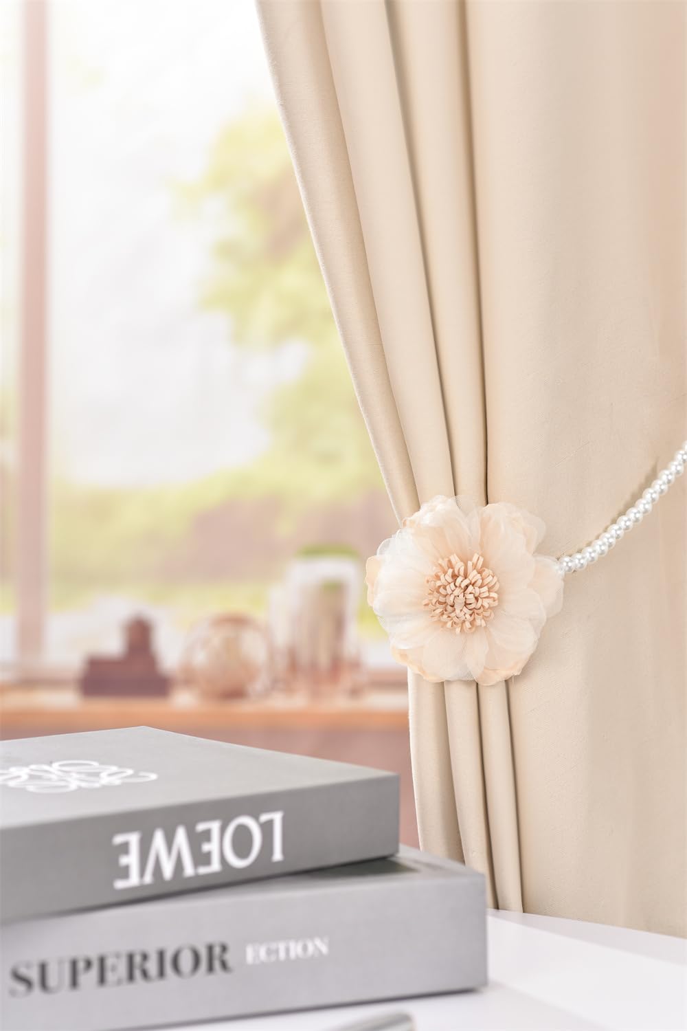 Elegant Pearl Magnetic Curtain Tieback with Handmade Flower Decorative Drapery Holdbacks Rope Holder