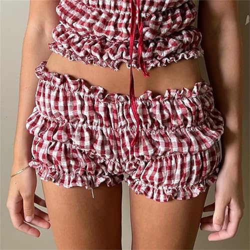 Women's Sexy Ruffle 2 Piece Sets Short Sleeve Bow Tie Front Crop Tops and Smocked Ruched Shorts Loungewear