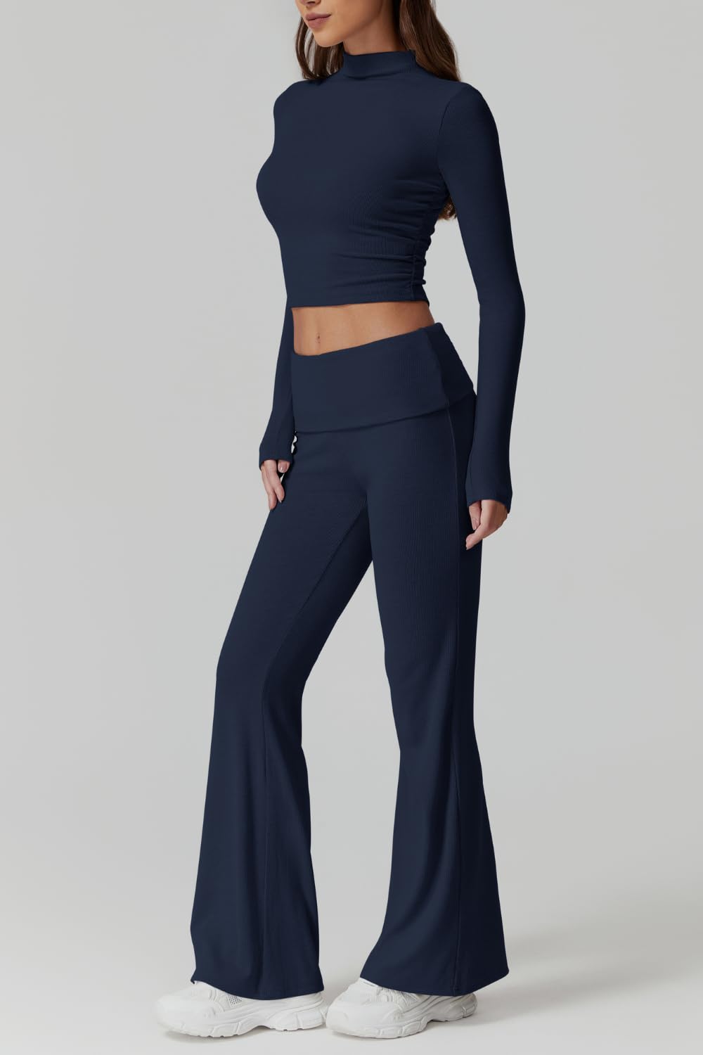 Womens 2 Piece Lounge Sets Mock Neck Long Sleeve Tops with Side Ruched Fold Over Flare Pants Comfy Tracksuits