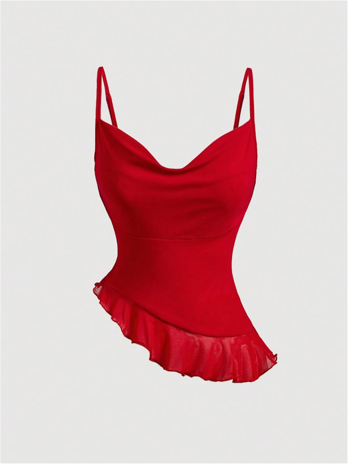 Women's 3D Floral Cowl Neck Ruched Mesh Cami Top Asymmetrical Ruffle Hem Camisole