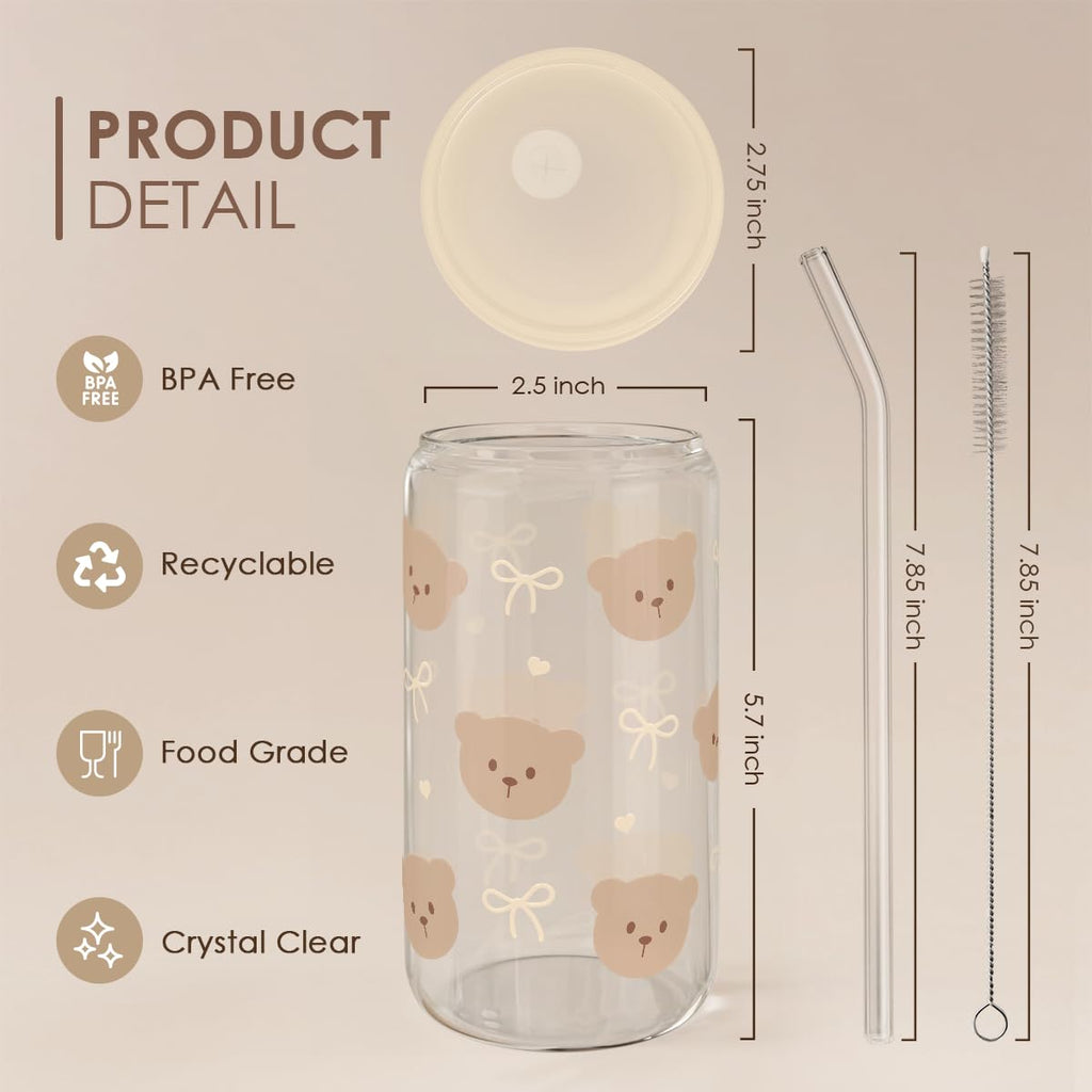 Glass Cup with Lid & Straw, Iced Coffee Aesthetic Glass Can, 16oz