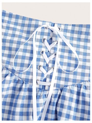 Women's Plaid Gingham Mini Skirt Lace Up Shirred Flowy Cute Mini Skirts
