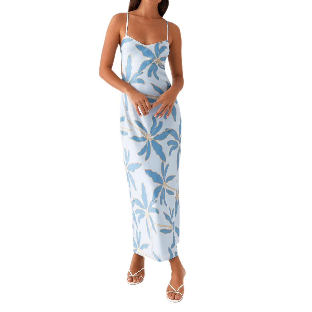 Women Floral Slip Dress Spaghetti Strap Maxi Dress Backless Slim Fit Long Dresses Flowers Print Going Out Dress
