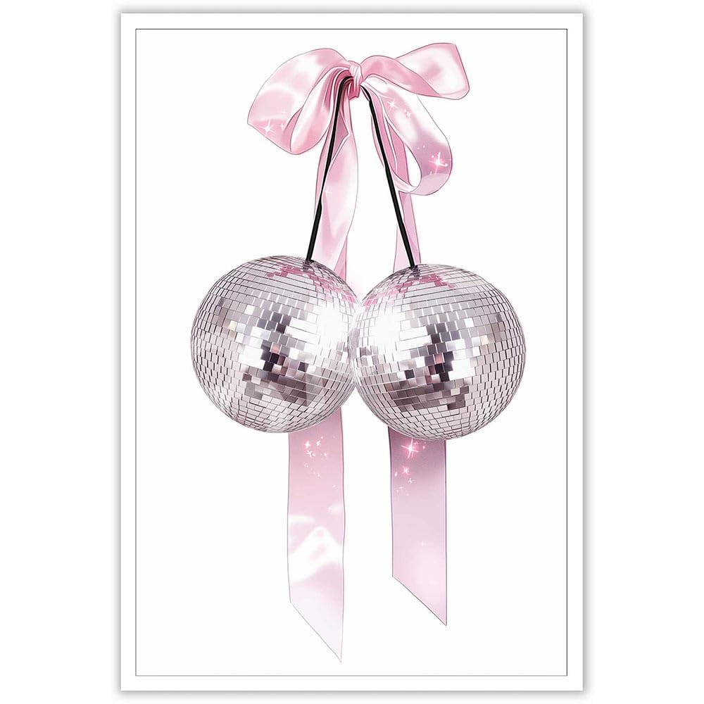 Trendy Pink Bow Disco Ball Posters White Cherry Canvas Wall Art Funky Coquette Bow Ribbon Preppy Aesthetic Prints Painting