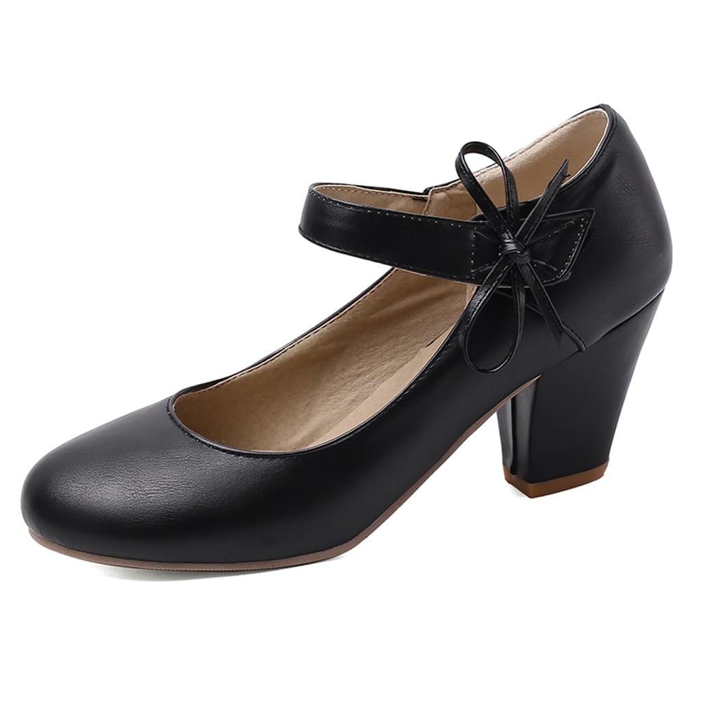 Women's Bow Mary Jane Dress Pumps Shoes Chunky Block High Heels Round Toe Shoes
