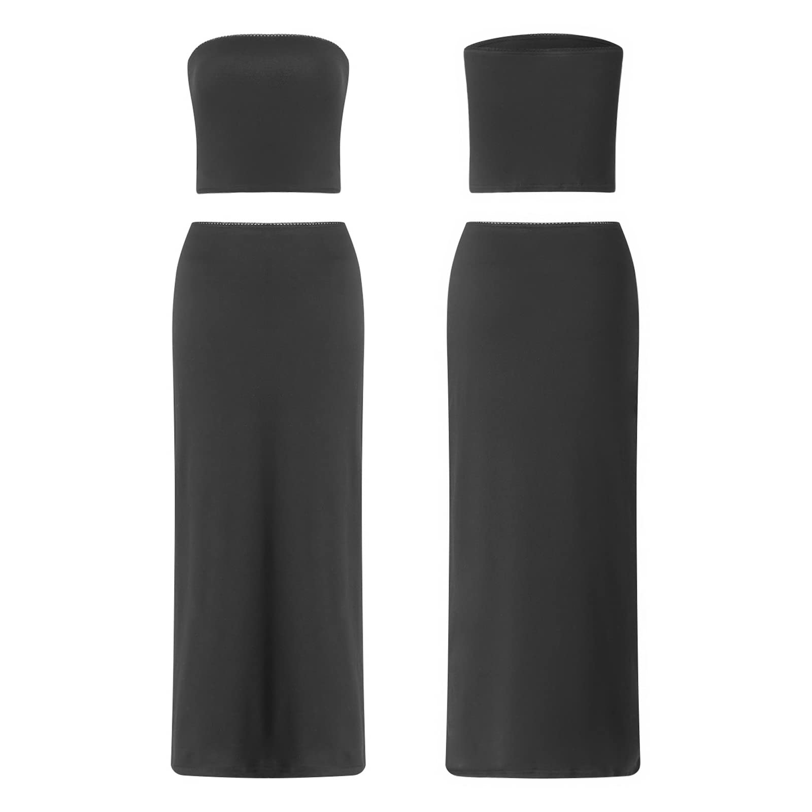 Vintage Lace Maxi Skirt Set Women 2 Piece Outfit Strapless Split Tube Top and Maxi Skirt Set