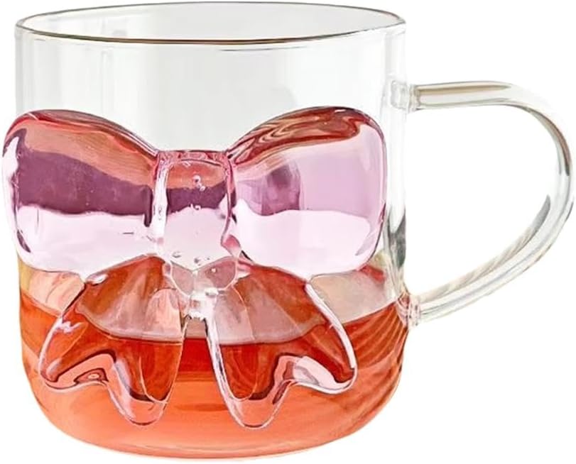 Glass Coffee Mug with Pink Bow Design with Handle, Elegant and Durable 13.5 oz Glassware for Hot and Cold Beverage