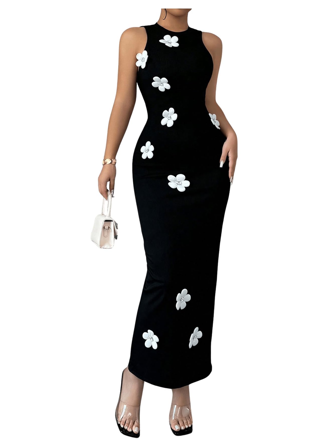 Women's 3D Flower Long Dress Cut Out Back Bodycon Sleeveless Elegant Maxi Dres