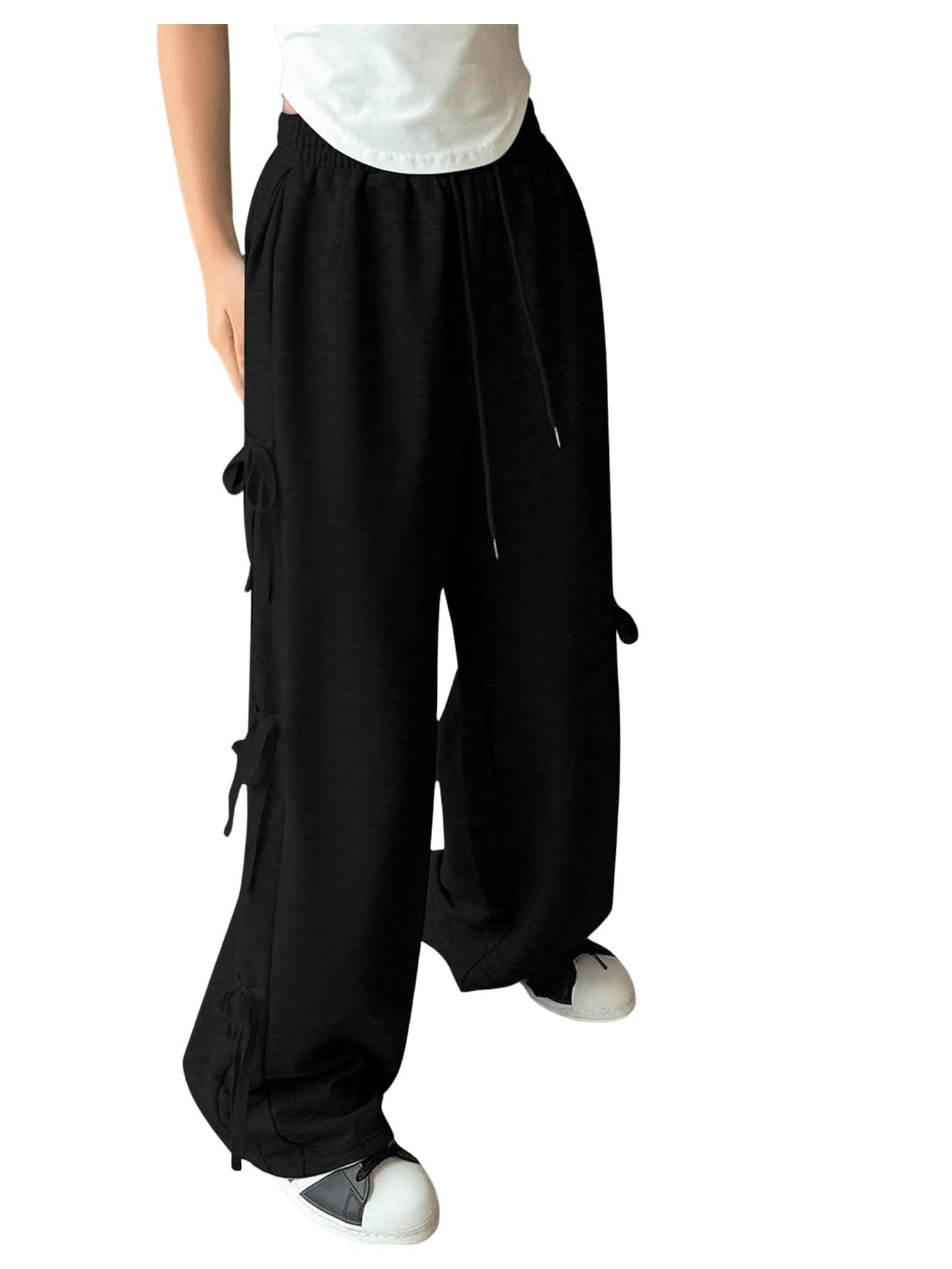Women's Side Bow Tie Straight Leg Sweatpants Drawstring Elastic Waist Loose Athletic Sports Pants