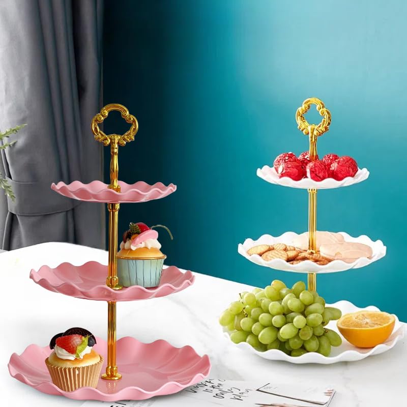 Pack 2 of 3 Tier Cupcake Stand, Small Pink Plastic Tiered Serving Stand, Dessert Tray