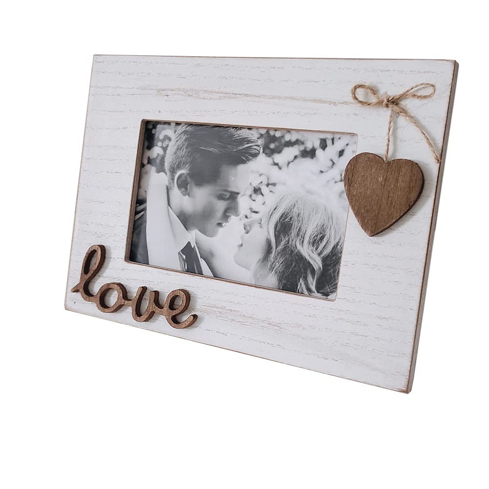 Love Picture Frame with Heart for Table Top and Wall Mounting-Distressed Wooden Photo Frame HD Glass Inside